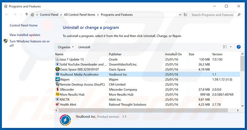 Désinstallation du logiciel de publicité YouBoost via le Panneau de Configuration