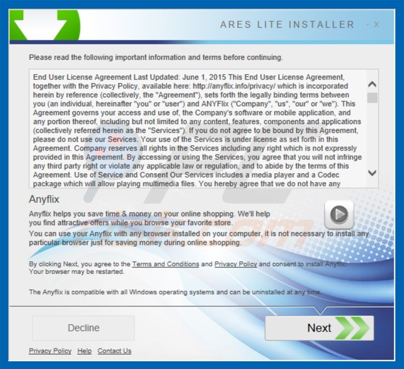 installateur du logiciel de publicité anyflix 