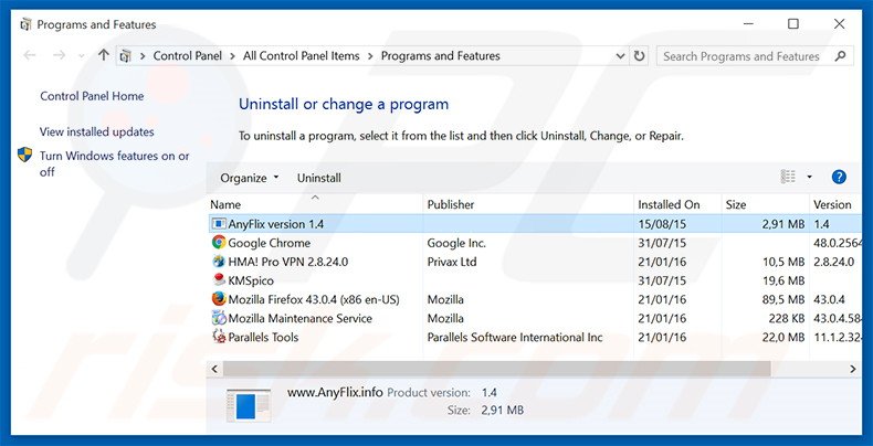 Désinstallation du logiciel de publicité AnyFlix via le Panneau de Configuration