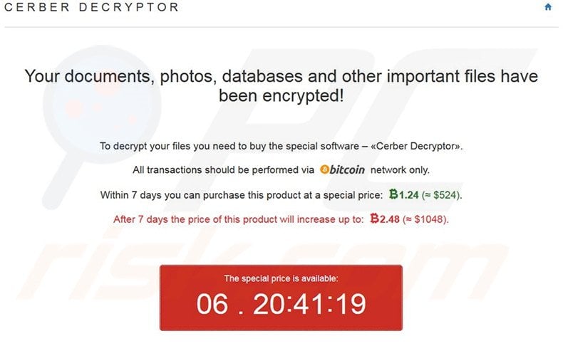 Message d'avertissement énonçant que les fichiers ont été encryptés avec le rançongiciel Cerber 