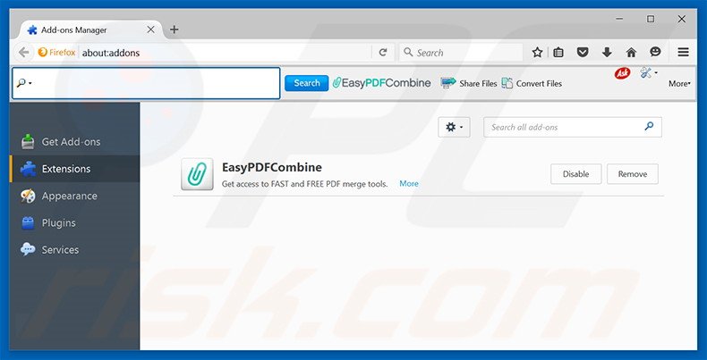 Suppression des extensions reliées à EasyPDFCombine dans Mozilla Firefox 