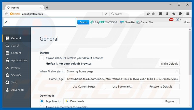 Suppression de la page d'accueil d'EasyPDFCombine dans Mozilla Firefox
