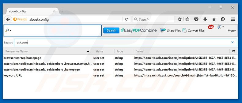 Suppression du moteur de recherche par défaut d'EasyPDFCombine dans Mozilla Firefox 