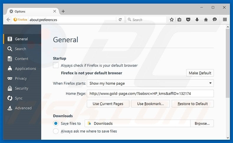 Suppression de la page d'accueil de gold-page.com dans Mozilla Firefox 