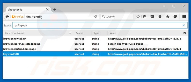 Suppression du moteur de recherche par défaut de gold-page.com dans Mozilla Firefox 
