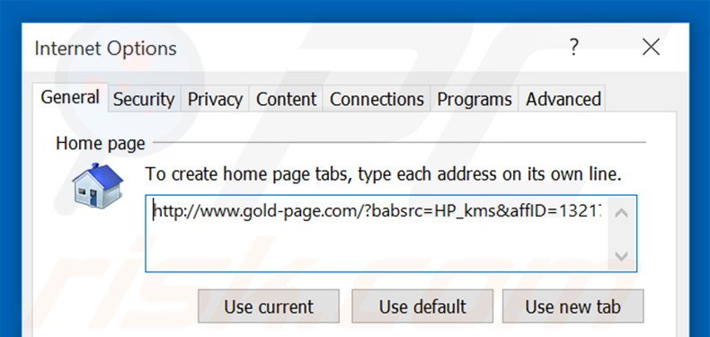 Suppression de la page d'accueil de gold-page.com dans Internet Explorer 