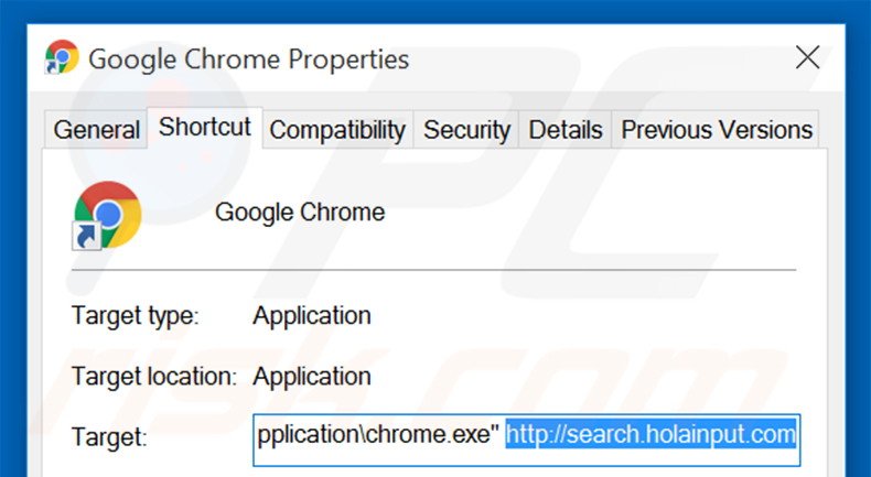 Suppression du raccourci cible de search.holainput.com dans Google Chrome étape 2