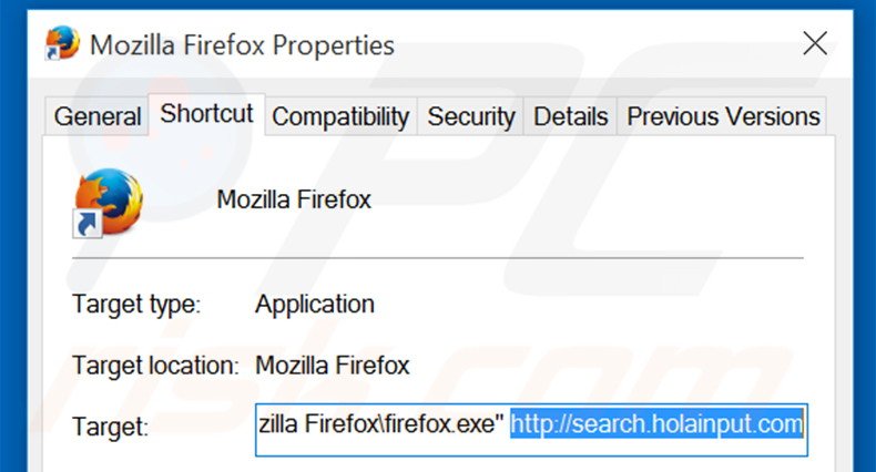 Suppression du raccourci cible de search.holainput.com dans Mozilla Firefox étape 2