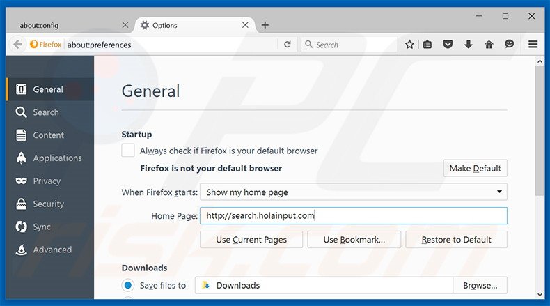 Suppression de la page d'accueil de search.holainput.com dans Mozilla Firefox 
