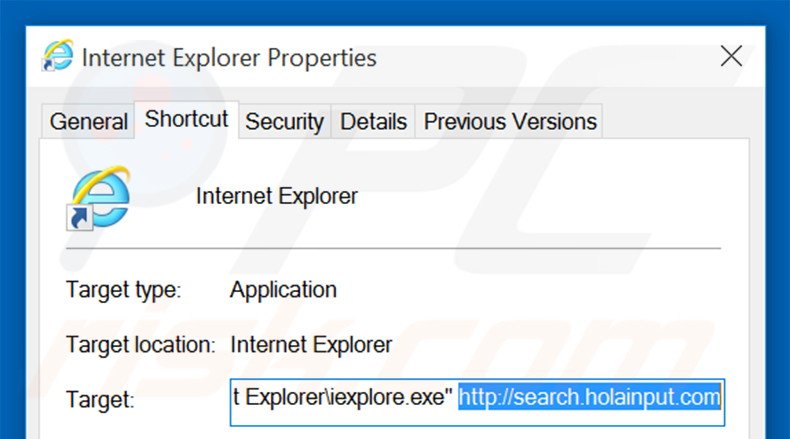 Suppression du raccourci cible de search.holainput.com dans Internet Explorer étape 2