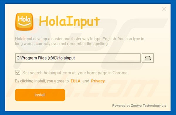 Configuration de l'installateur officeil du pirate de navigateur HolaInput 