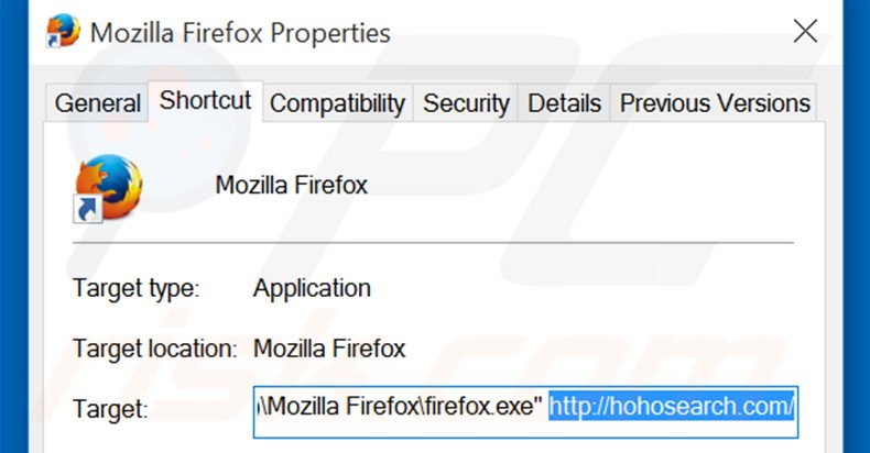 Suppression du raccourci cible de hohosearch.com dans Mozilla Firefox étape 2