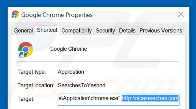 Suppression du raccourci cible de nicesearches.com dans Google Chrome étape 2