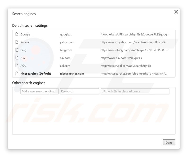 Suppression du moteur de recherche par défaut de nicesearches.com dans Google Chrome 