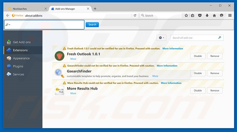 Suppression des extensions reliées à nicesearches.com dans Mozilla Firefox 