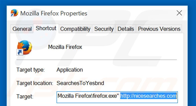 Suppression du raccourci cible de nicesearches.com dans Mozilla Firefox étape 2