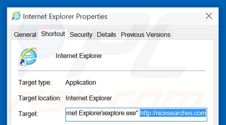 Suppression du raccourci cible de nicesearches.com dans Internet Explorer étape 2