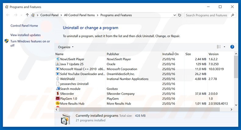 Désinstallation du pirate de navigateur nicesearches.com via le Panneau de Configuration