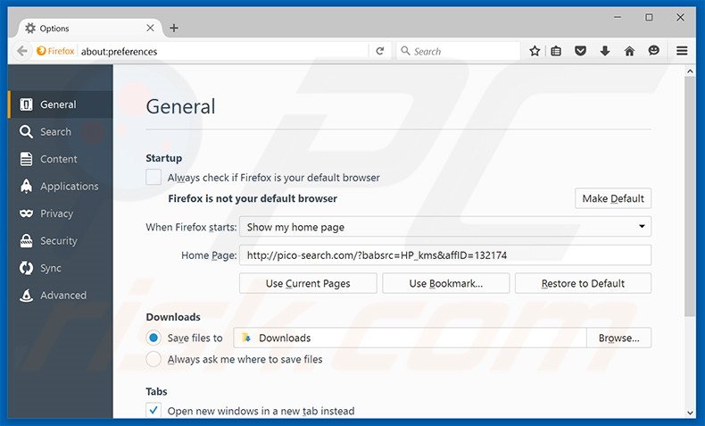 Suppression de la page d'accueil de pico-search.com dans Mozilla Firefox