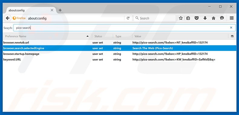 Suppression du moteur de recherche par défaut de pico-search.com dans Mozilla Firefox