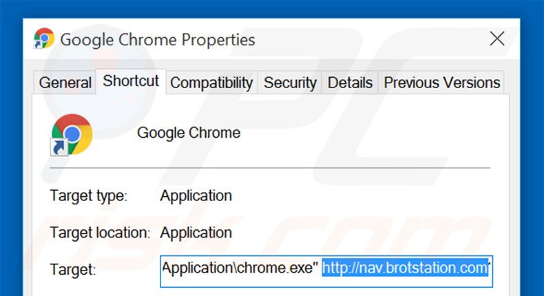 Suppression du raccourci cible de nav.brotstation.com dans Google Chrome étape 2