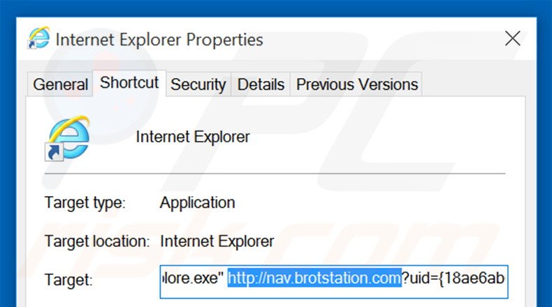 Suppression du raccourci cible de nav.brotstation.com dans Internet Explorer étape 2