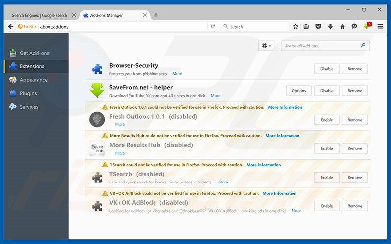 Suppression des extensions reliées à stadsear.com dans Mozilla Firefox