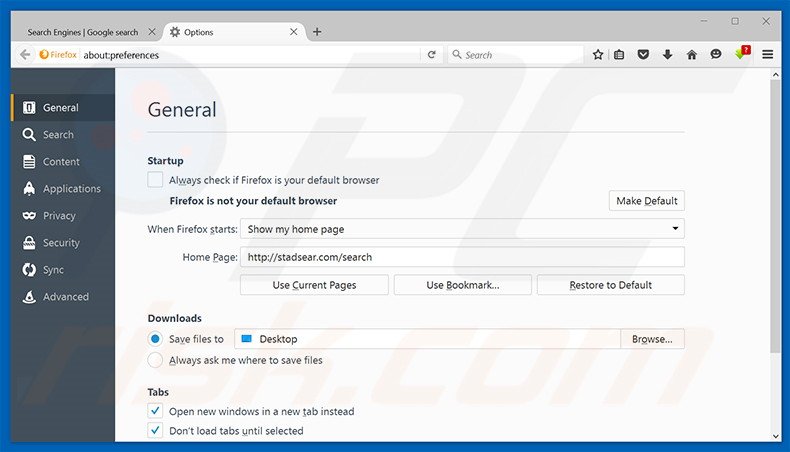 Suppression de la page d'accueil de stadsear.com dans Mozilla Firefox