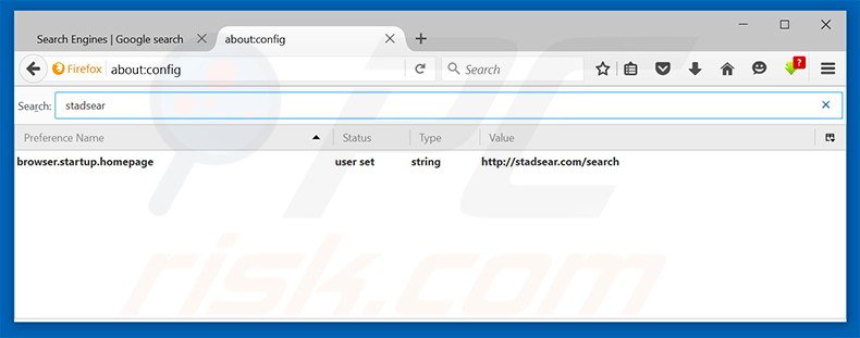 Suppression du moteur de recherche par défaut de stadsear.com dans Mozilla Firefox 