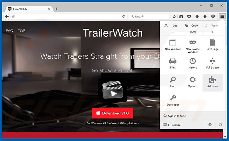 Suppression des publicités TrailerWatch dans Mozilla Firefox étape 1