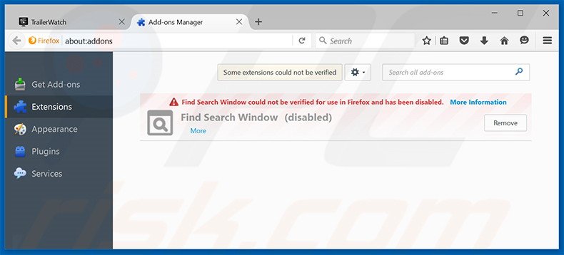 Suppression des publicités TrailerWatch dans Mozilla Firefox étape 2