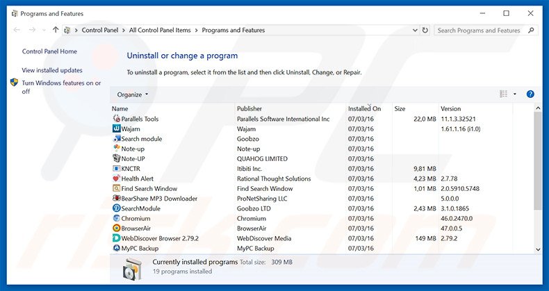 Désinstallation du logiciel de publicité TrailerWatch via le Panneau de Configuration