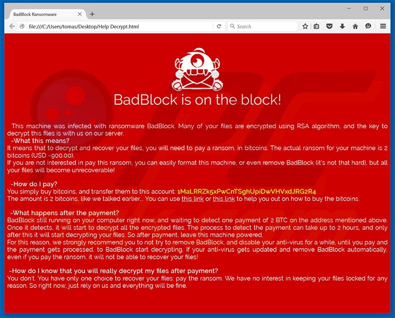 BadBlock créant un fichier Help_Decrypt.html