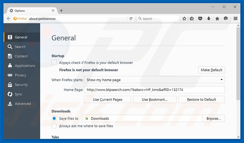 Suppression de la page d'accueil de blpsearch.com dans Mozilla Firefox