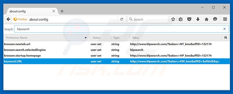 Suppression du moteur de recherche par défaut de blpsearch.com dans Mozilla Firefox 