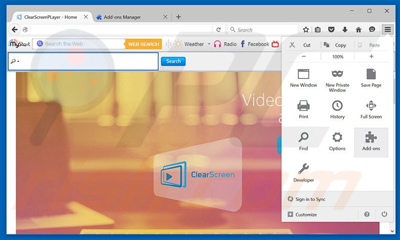 Suppression des publicités ClearScreen Player dans Mozilla Firefox étape 1