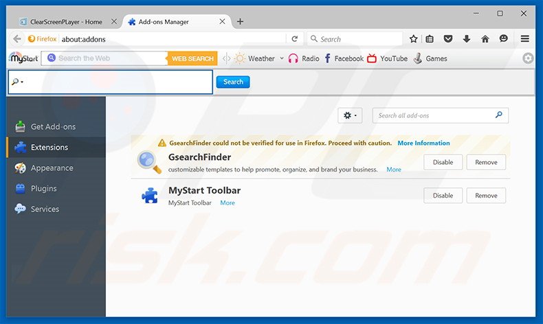 Suppression des publicités ClearScreen Player dans Mozilla Firefox étape 2