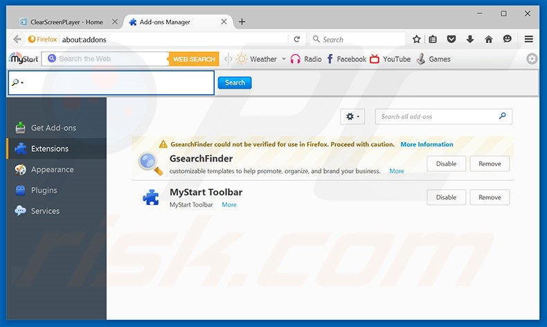 Suppression des publicités ClearScreen Player dans Mozilla Firefox étape 2