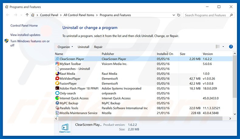 Désinstallation du logiciel de publicité ClearScreen Player via le Panneau de Configuration
