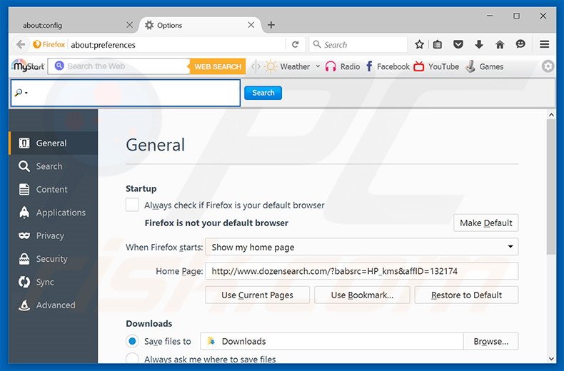 Suppression de la page d'accueil de dozensearch.com dans Mozilla Firefox 