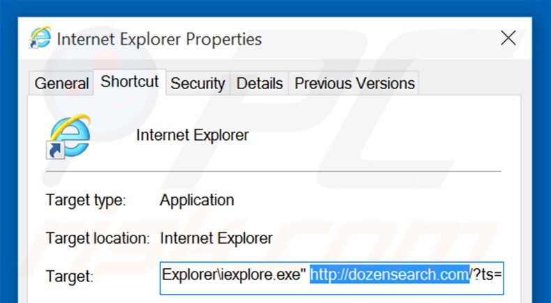 Suppression du raccourci cible de dozensearch.com dans Internet Explorer étape 2