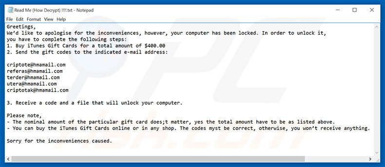 fichier texte du rançongiciel ENCRYPTED 