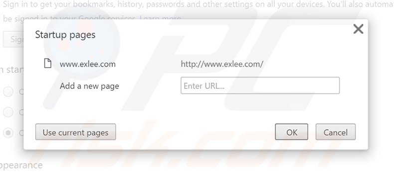 Suppression de la page d'accueil d'exlee.com dans Google Chrome 