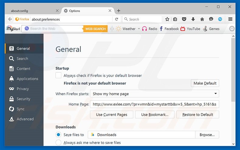 Suppression de la page d'accueil d'exlee.com dans Mozilla Firefox 