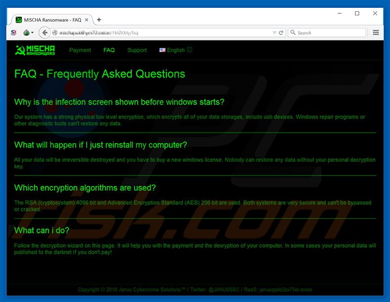 FAQ web du rançongiciel MISCHA