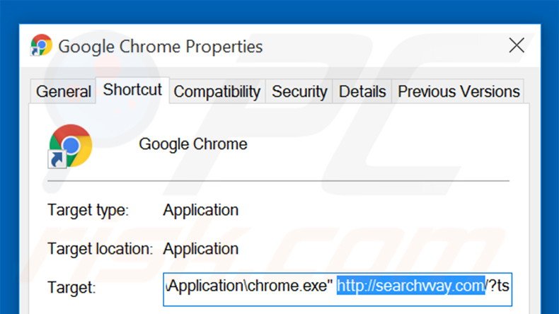 Suppression du raccourci cible de searchvvay.com dans Google Chrome étape 2