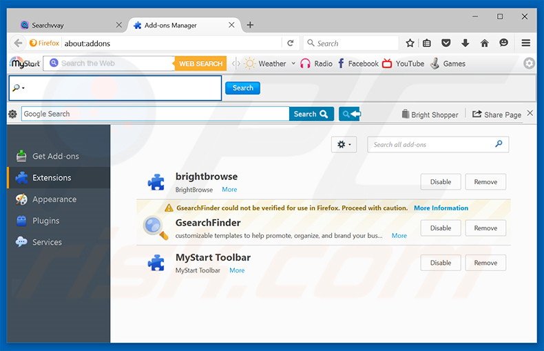 Suppression des extensions reliées à searchvvay.com dans Mozilla Firefox 