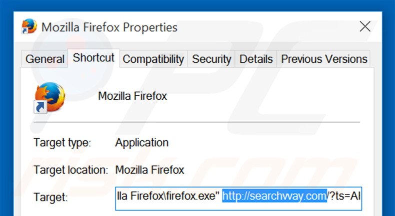 Suppression du raccourci cible de searchvvay.com dans Mozilla Firefox étape 2