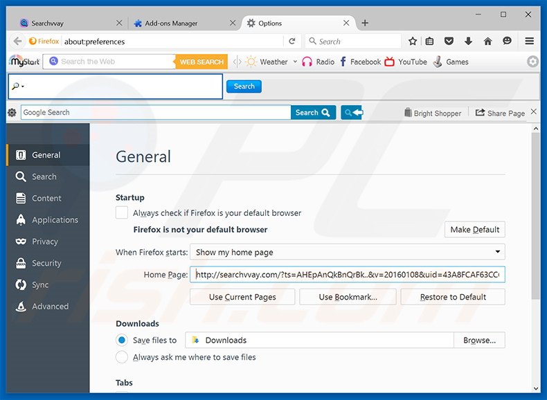 Suppression de la page d'accueil de searchvvay.com dans Mozilla Firefox 
