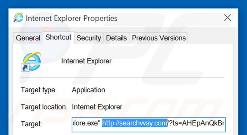 Suppression du raccourci cible de searchvvay.com dans Internet Explorer étape 2